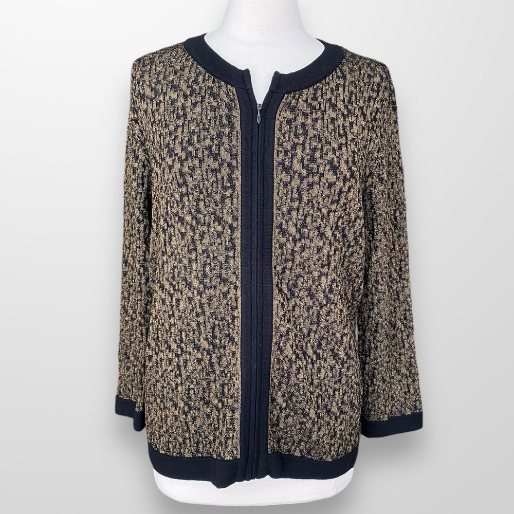Jones New York Woman's Size Large Cardigan Sweater Zip Front Black Gold Metallic